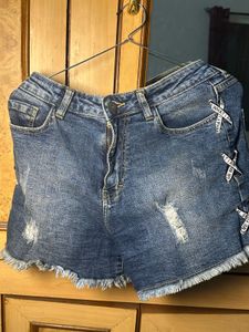 Distressed Denim Shorts with Lace-Up Detail