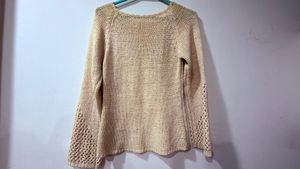Beige Knit Sweater with Floral Embellishment