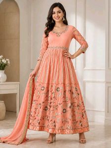 Peach Embroidered Anarkali Gown with Dupatta