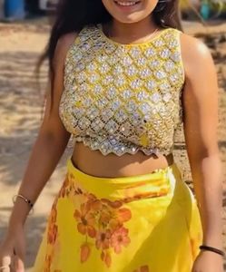 Yellow Floral Lehenga Set with Embellished Top