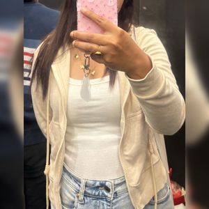 Cream Cropped Zip-Up Hoodie