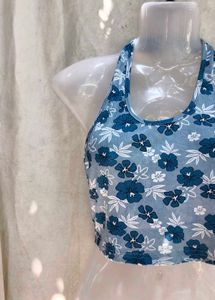 Blue Floral Halter Neck Crop Top