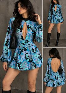 6229. Blue Floral Backless Mini Dress
