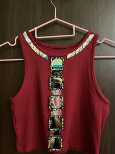 Red Embellished Crop Top