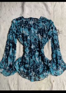 Sparkling Blue Floral Bell Sleeve Top