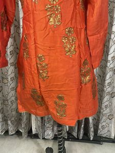 Vibrant Orange Kurta with Gold Print