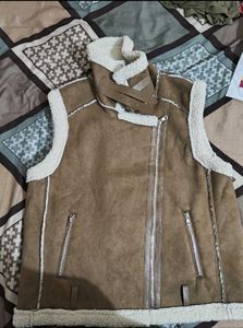 Brown fleece lined lapel collor pu jacket