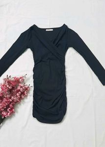 Black Gathered/Ruched Bodycon Dress