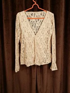 Beige Lace Open Front Cardigan