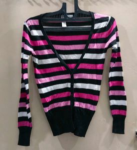 Pink & Black Striped Cardigan