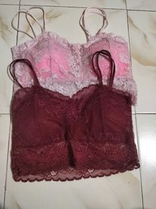 Lace Bralette Set - Pink & Maroon