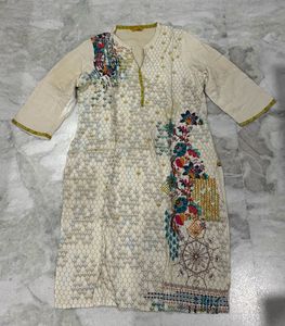 AURELIA Stylish Cream Kurta with Colorful Print
