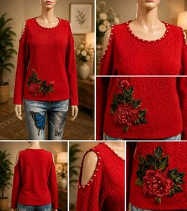 Red Cold Shoulder Sweater with Floral Applique