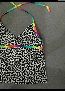 Leopard Print Bikini Top with Rainbow Straps