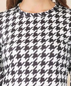 Houndstooth Print Long Sleeve Dress