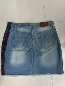 Denim Skirt with Plaid Side Detail