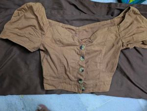 Chic Brown Puff Sleeve Button Top