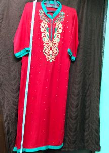 Embroidery Cotton Red kurti designer Rhinestone