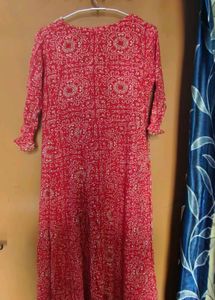 Red Printed Kurta with Embellished Neckline