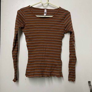 Brown Striped Ribbed Knit Top