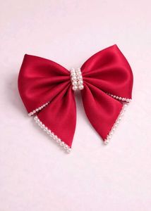 Elegant Red Bow Hair Clip with Pearls