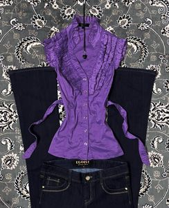 Chic Purple Ruffled Button-Up Blouse