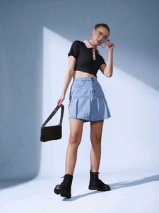 Savana Street9 Light Wash Denim Pleated Mini Skirt