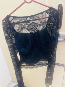 Black Lace Trimmed Long Sleeve Top
