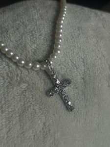Pearl Necklace with Diamond Cross Pendant