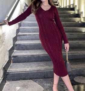 Burgundy Cable Knit V-Neck Dress