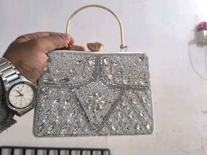 Luxury Silver Beaded Clutch for Women | Pearl & Rh