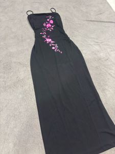 Black Embroidered Spaghetti Strap Dress