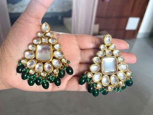 Elegant Kundan Earrings with Green Beads