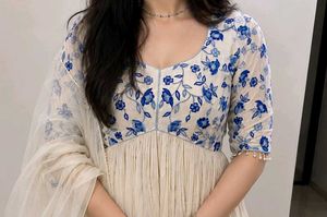 Off White Embroidered Georgette Suit Set