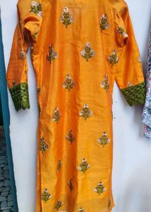 Yellow Kurta Set with Green Pants &amp; Dupatta