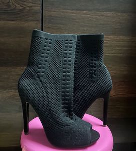 Black Peep-Toe Heeled Boots