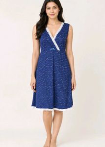 Blue Polka Dot Nightgown with Lace Trim