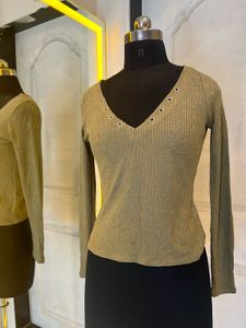 Ribbed V-Neck Top with Eyelet Detail
