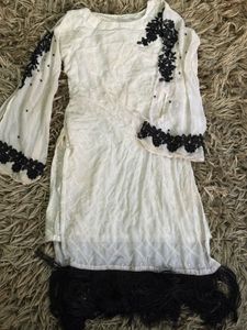 Elegant White Kurta Set with Black Embroidery