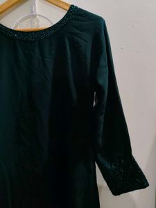 Elegant Green Kurta with Embellished Neckline