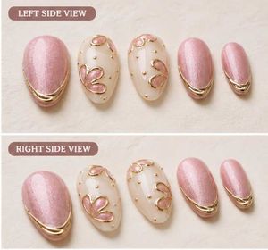 Handmade Cateye Elegant Pink &amp; Gold Flower nails