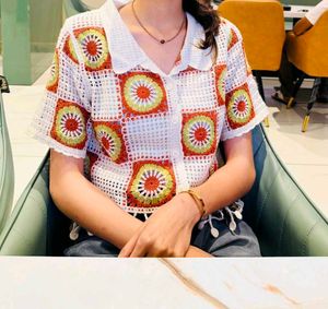 Crochet Patchwork Collared Shirt 💗🫧