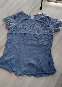 Blue Lace Trim Short Sleeve Top