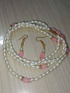 Elegant Pearl &amp; Pink Bead Necklace Set
