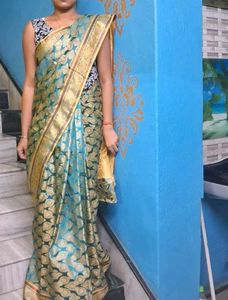 Beautiful Teal & Gold Brocade Saree