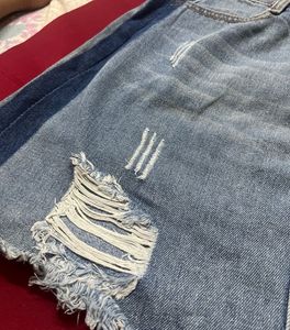 Distressed Denim Skirt with Side Stripes