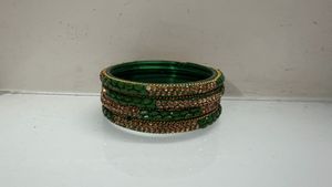 Green Glass Bangles with Gold Embellishments