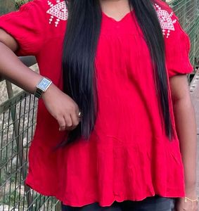 Red Embroidered V-Neck Kurta