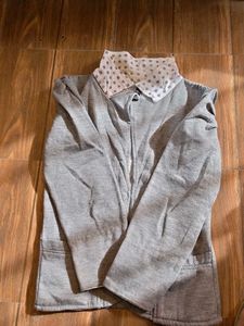 Gray Button-Up Jacket with Polka Dot Collar