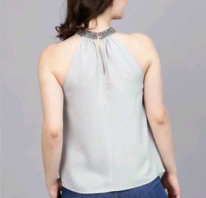 Grey Embellished Neck Sleeveless Top